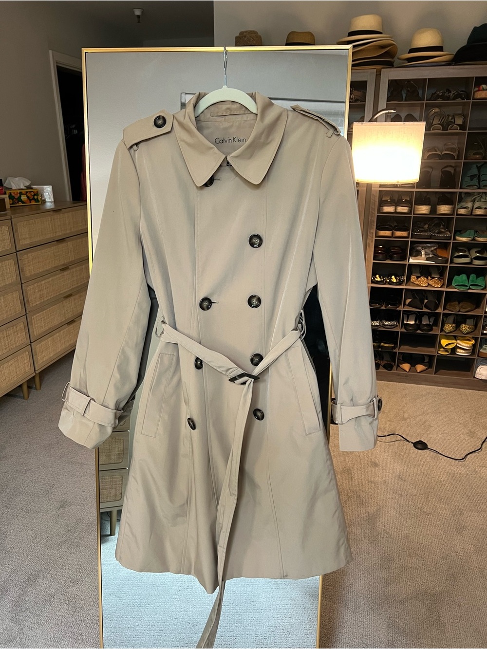 Calvin Klein Beige Double-Breasted Trench Coat with Belt